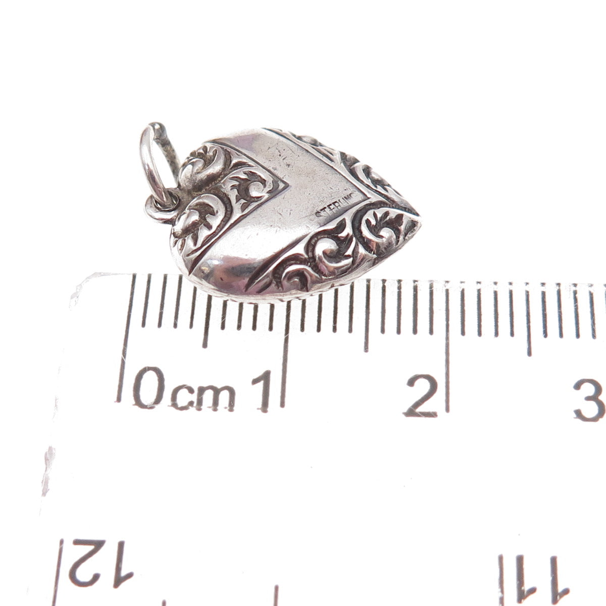 925 Sterling Silver Antique Art Deco Engraved Chatelaine Heart Charm Pendant