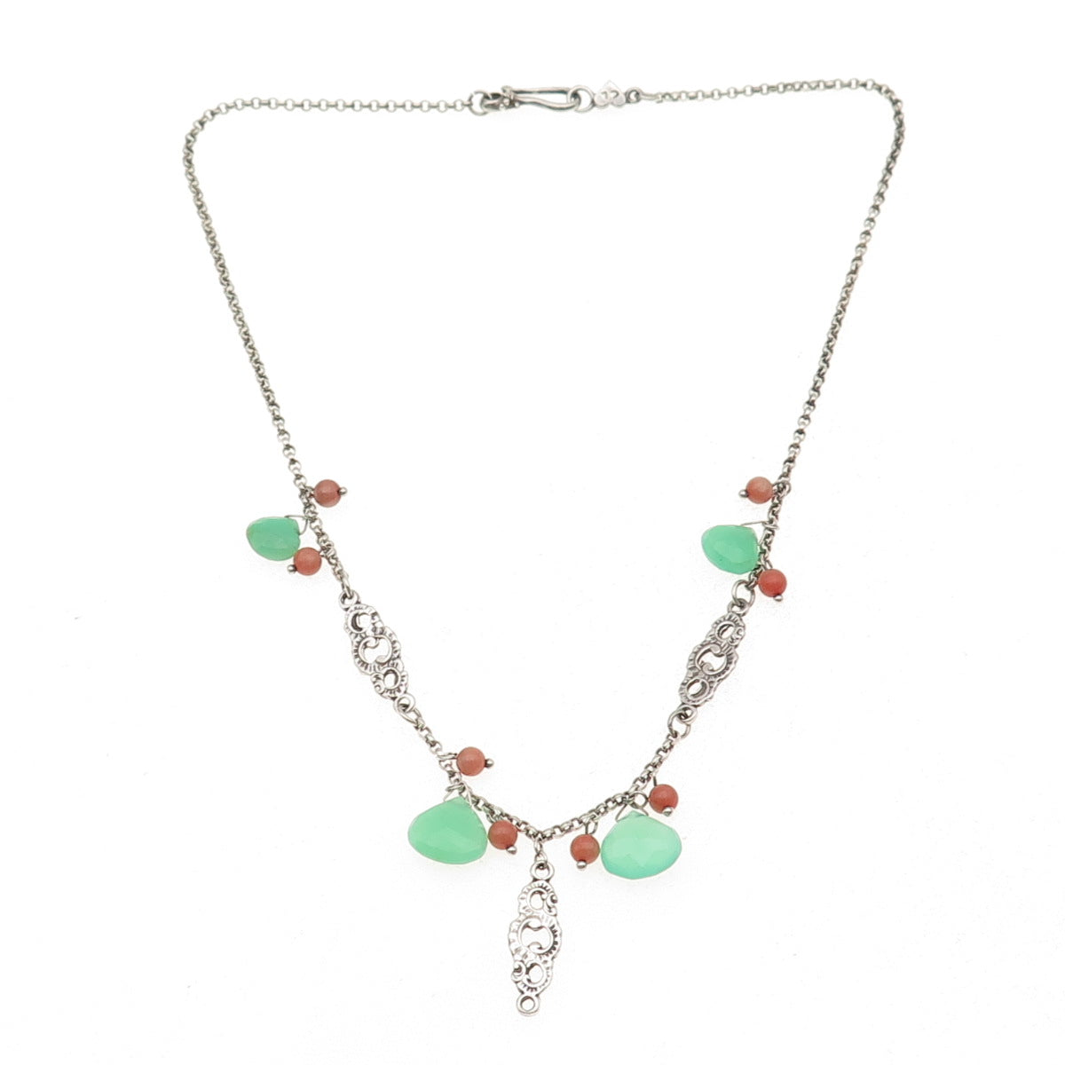 925 Sterling Silver Vintage Real Chalcedony Coral Floral Rolo Chain Necklace 16"