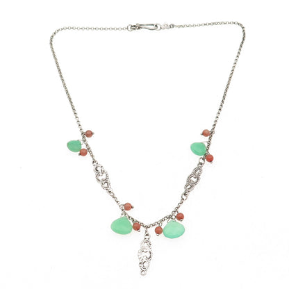 925 Sterling Silver Vintage Real Chalcedony Coral Floral Rolo Chain Necklace 16"