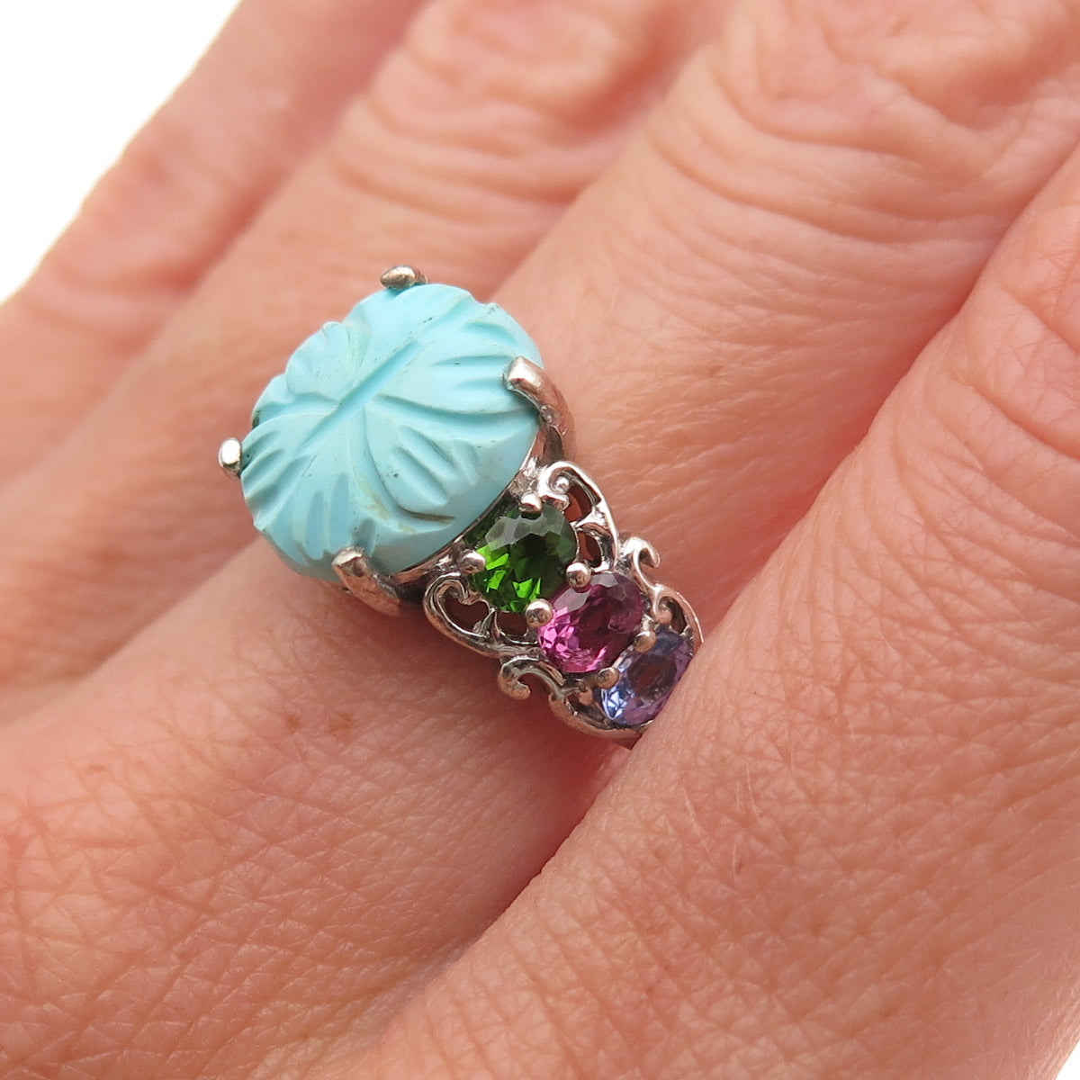 Chuck Clemency 925 Sterling Turquoise Amethyst Tanzanite Peridot Ring Size 8.25