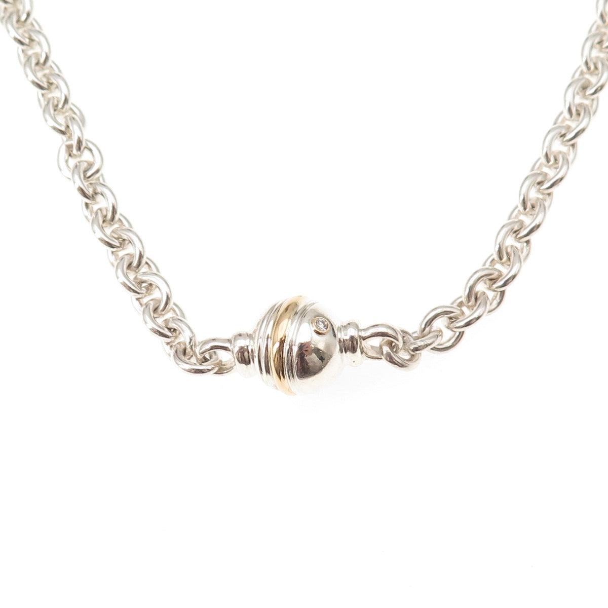 925 Sterling Silver 14K Gold Real Diamond Ball Rolo Chain Necklace 16"