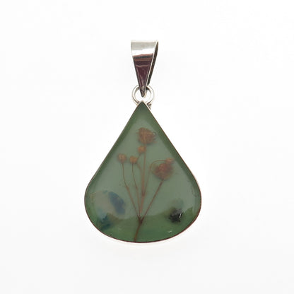 925 Sterling Silver Vintage Mexico Enamel Pressed Flowers Teardrop Pendant
