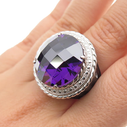 925 Sterling Silver Enamel Round-Cut Purple C Z Statement Ring Size 7.25