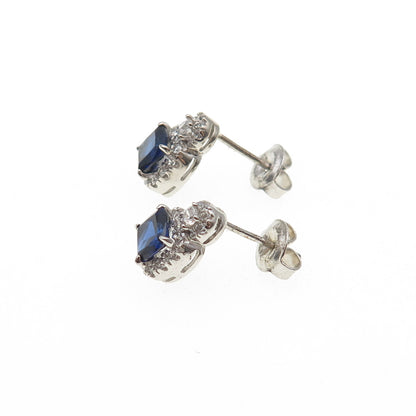925 Sterling Silver Cushion-Cut Blue & Round-Cut White C Z Stud Earrings
