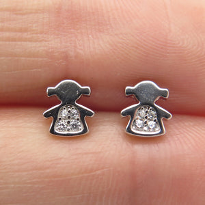 925 Sterling Silver Round-Cut Shaped C Z Little Girl Silhouette Stud Earrings