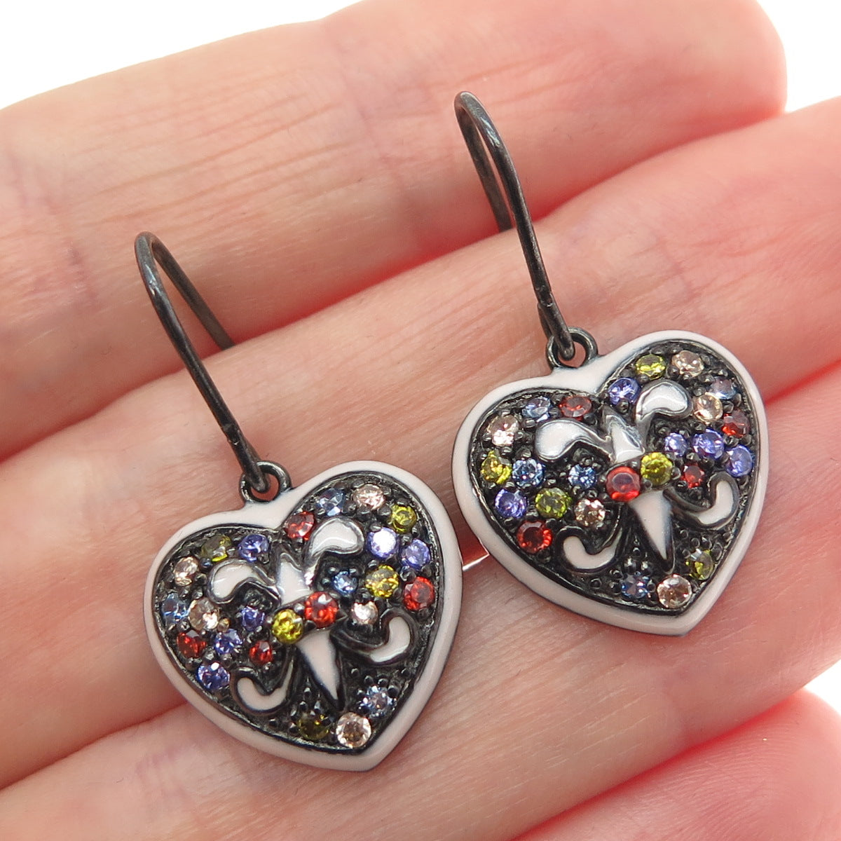 925 Sterling Silver Black Rhodium Enamel Multi-Color C Z Heart Dangle Earrings