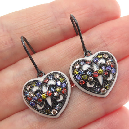 925 Sterling Silver Black Rhodium Enamel Multi-Color C Z Heart Dangle Earrings