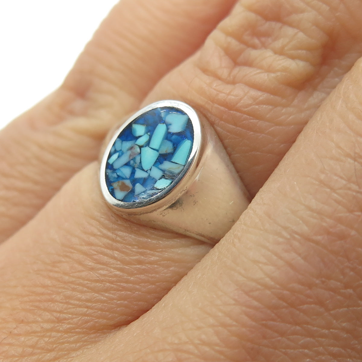 STULLER 925 Sterling Vintage Sleeping Beauty Turquoise Inlay Signet Ring Size 6