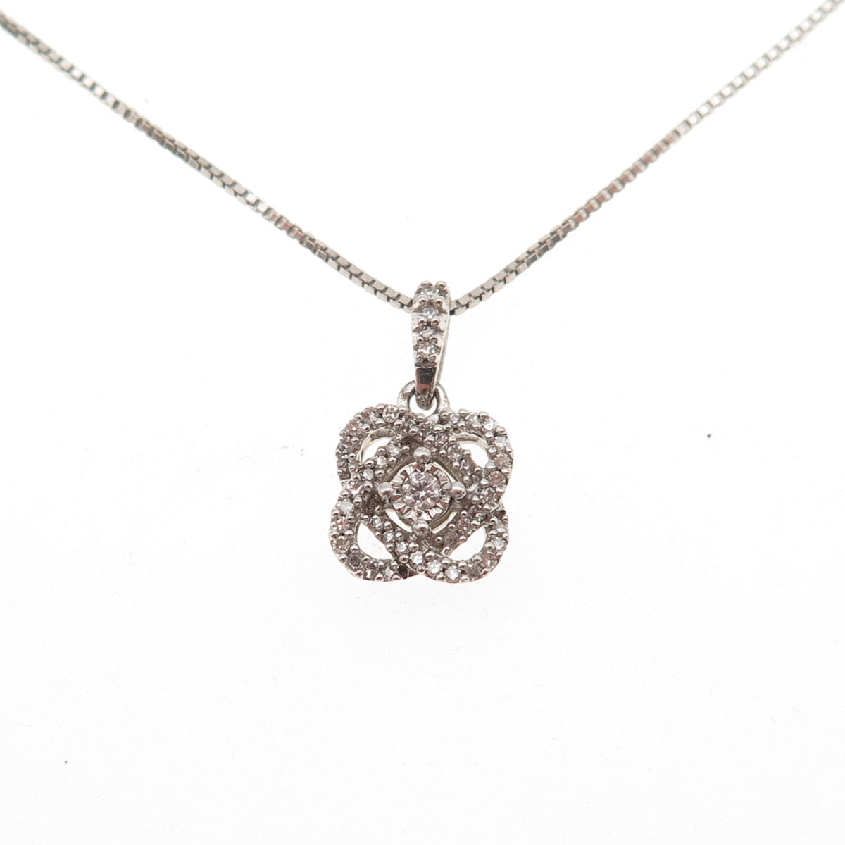 925 Sterling Silver Real Round-Cut Diamond Floral Box Chain Necklace 18"