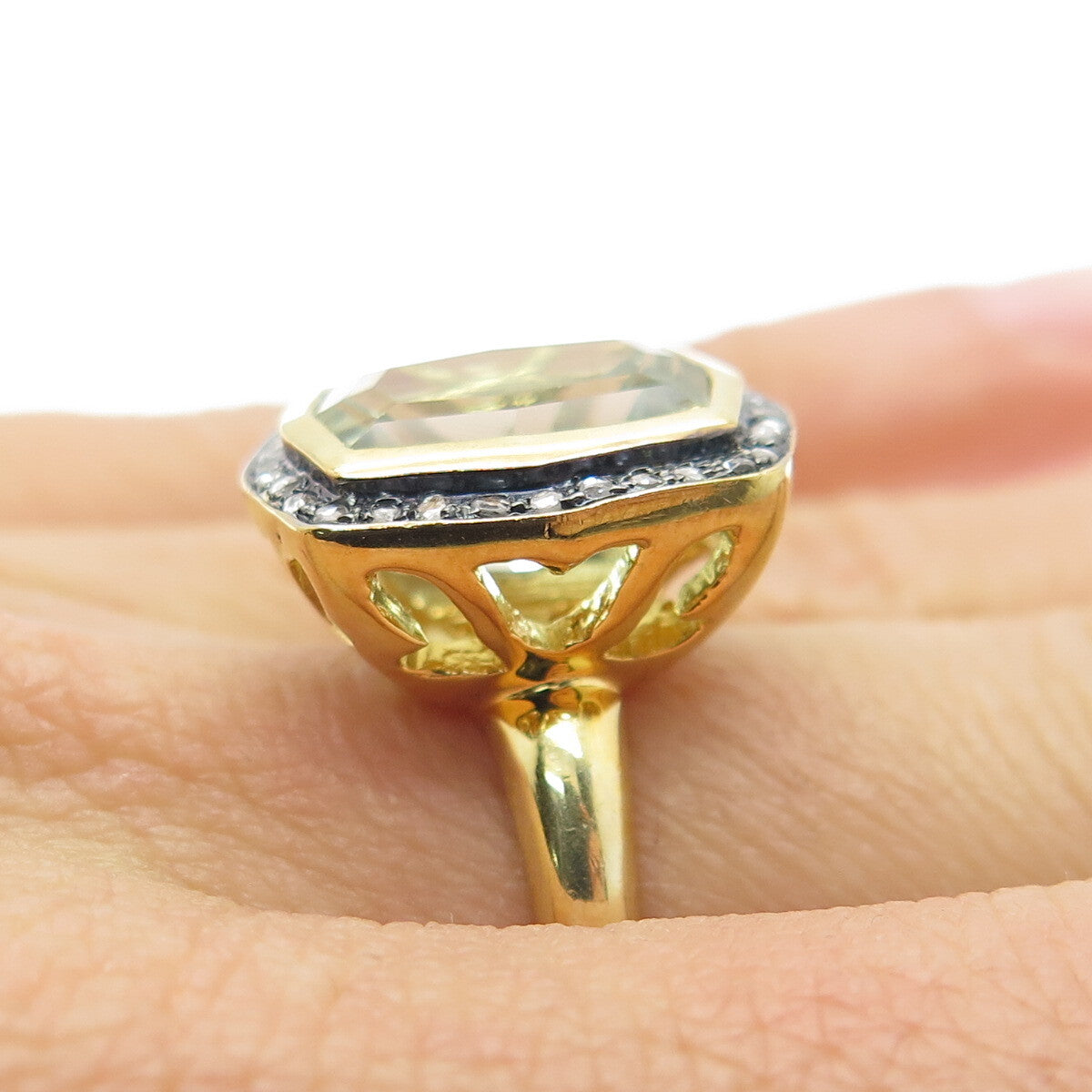 925 Sterling Silver Gold Plated Real Diamond & Green Amethyst Ring Size 6.75