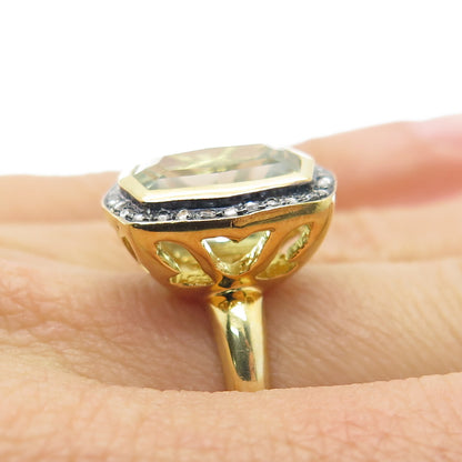 925 Sterling Silver Gold Plated Real Diamond & Green Amethyst Ring Size 6.75