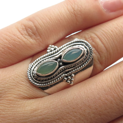 925 Sterling Silver Vintage Real Green Chalcedony Gemstone Ethnic Ring Size 5.5