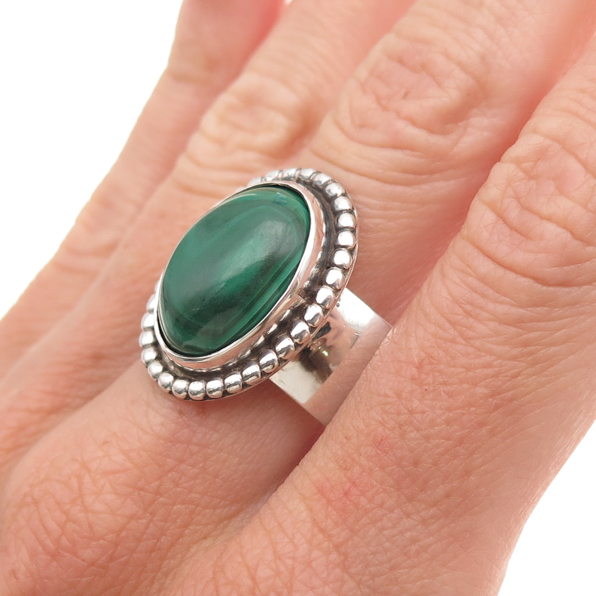 Old Pawn 925 Sterling Silver Vintage Southwestern Malachite Ring Size 11.5