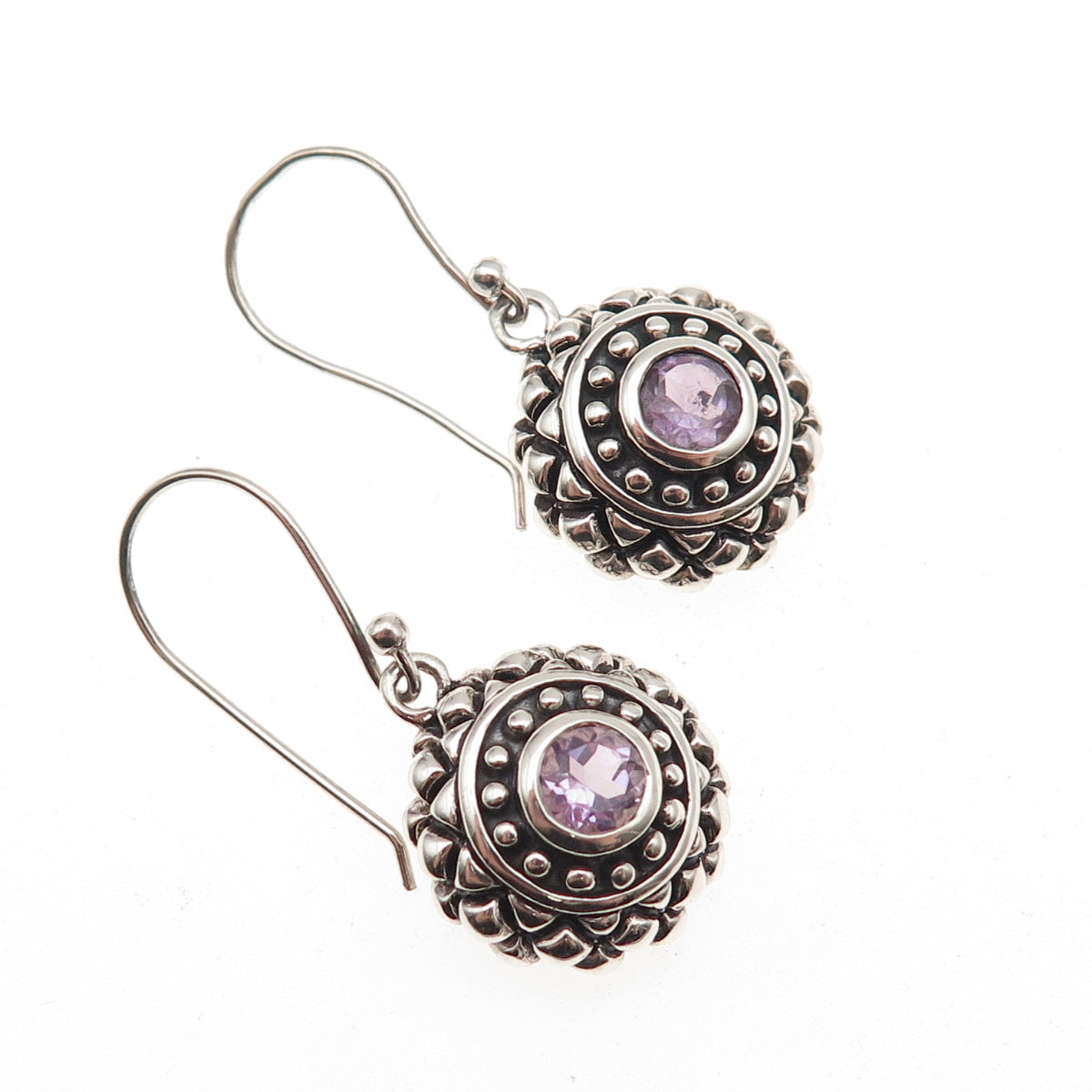 925 Sterling Silver Vintage Real Amethyst Oxidized Dangle Earrings