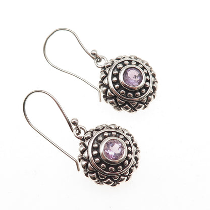 925 Sterling Silver Vintage Real Amethyst Oxidized Dangle Earrings