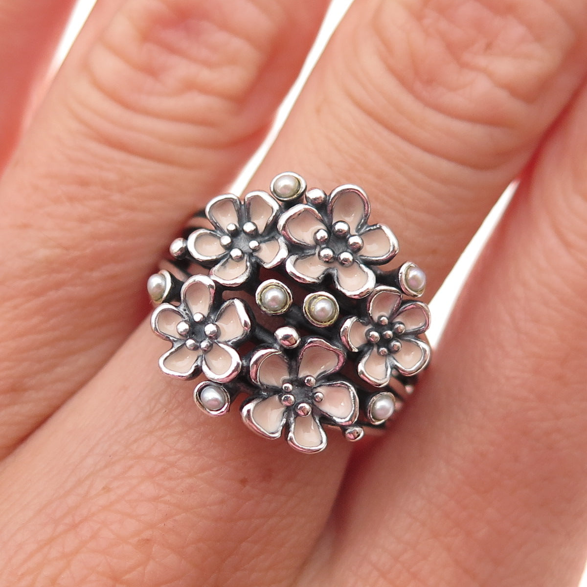 Pandora 925 Sterling Silver Enamel Real Pearl Cherry Blossom Bouquet Ring Size 7