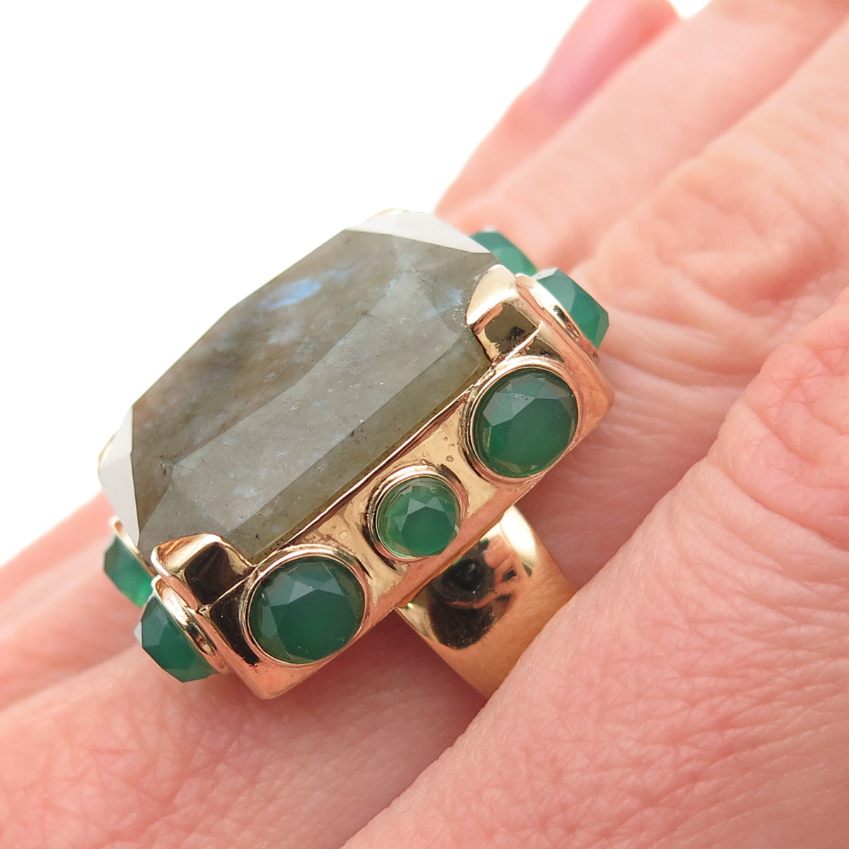 925 Sterling Silver Gold Plated Real Labradorite Green Chalcedony Ring Size 7.5