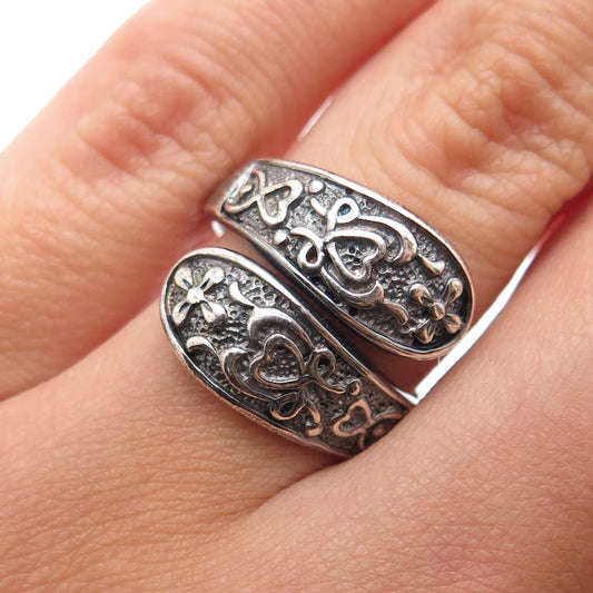 RJ GRAZIANO 925 Sterling Vintage Floral Oxidized Bypass Adjustable Ring Size 6.5