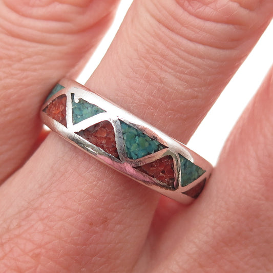 Old Pawn 925 Sterling Silver Vintage Turquoise & Coral Inlay Band Ring Size 11