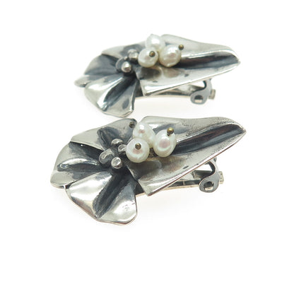 ARTIO Sterling Silver Vintage Pearl Modernist Floral Oxidized Clip On Earrings