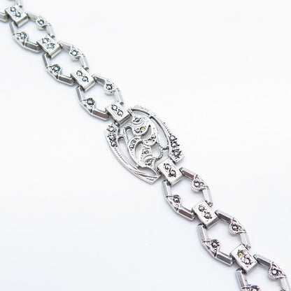 925 Sterling Silver Antique Real Marcasite Gemstone Panel Link Bracelet 7"