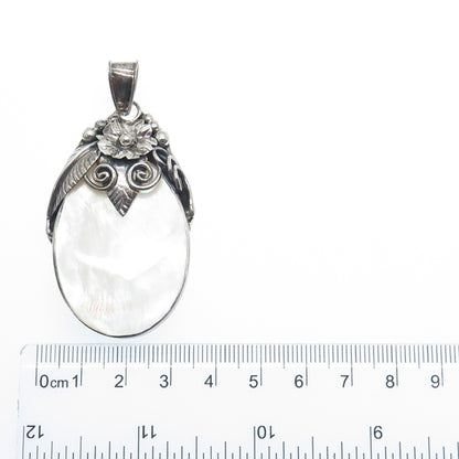 MERAV 925 Sterling Silver Vintage Real MOP Feather Flower Oxidized Pendant