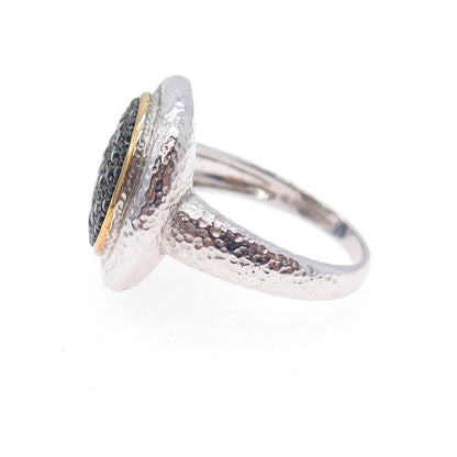 925 Sterling Silver 2-Tone Real Round-Cut Black Spinel Hammered Ring Size 10
