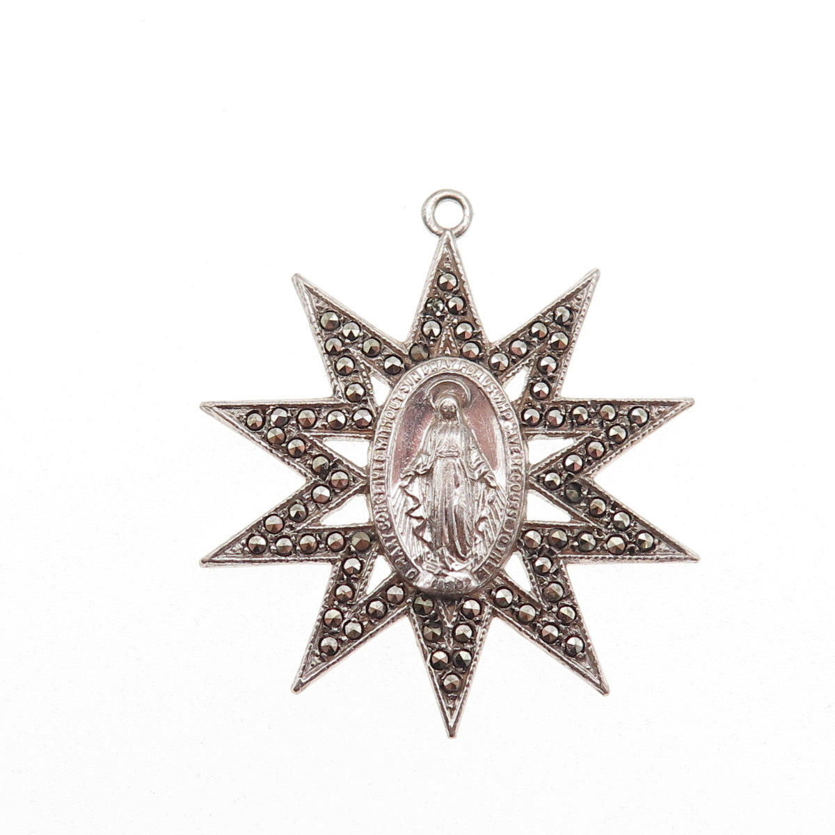925 Sterling Silver Antique Art Deco Real Marcasite St. Mary Miraculous Pendant