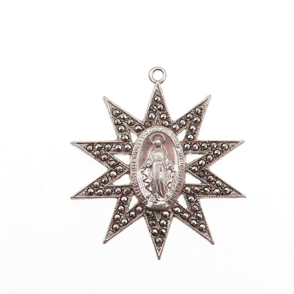 925 Sterling Silver Antique Art Deco Real Marcasite St. Mary Miraculous Pendant