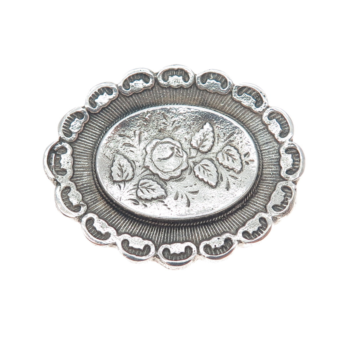 925 Sterling Silver Antique Art Deco Rose Flower Oxidized Pin Brooch