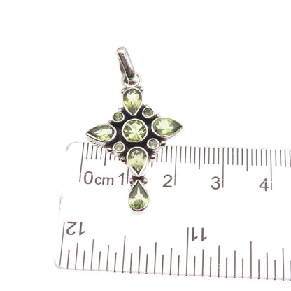 925 Sterling Silver Vintage Real Peridot Cross Cluster Charm Pendant