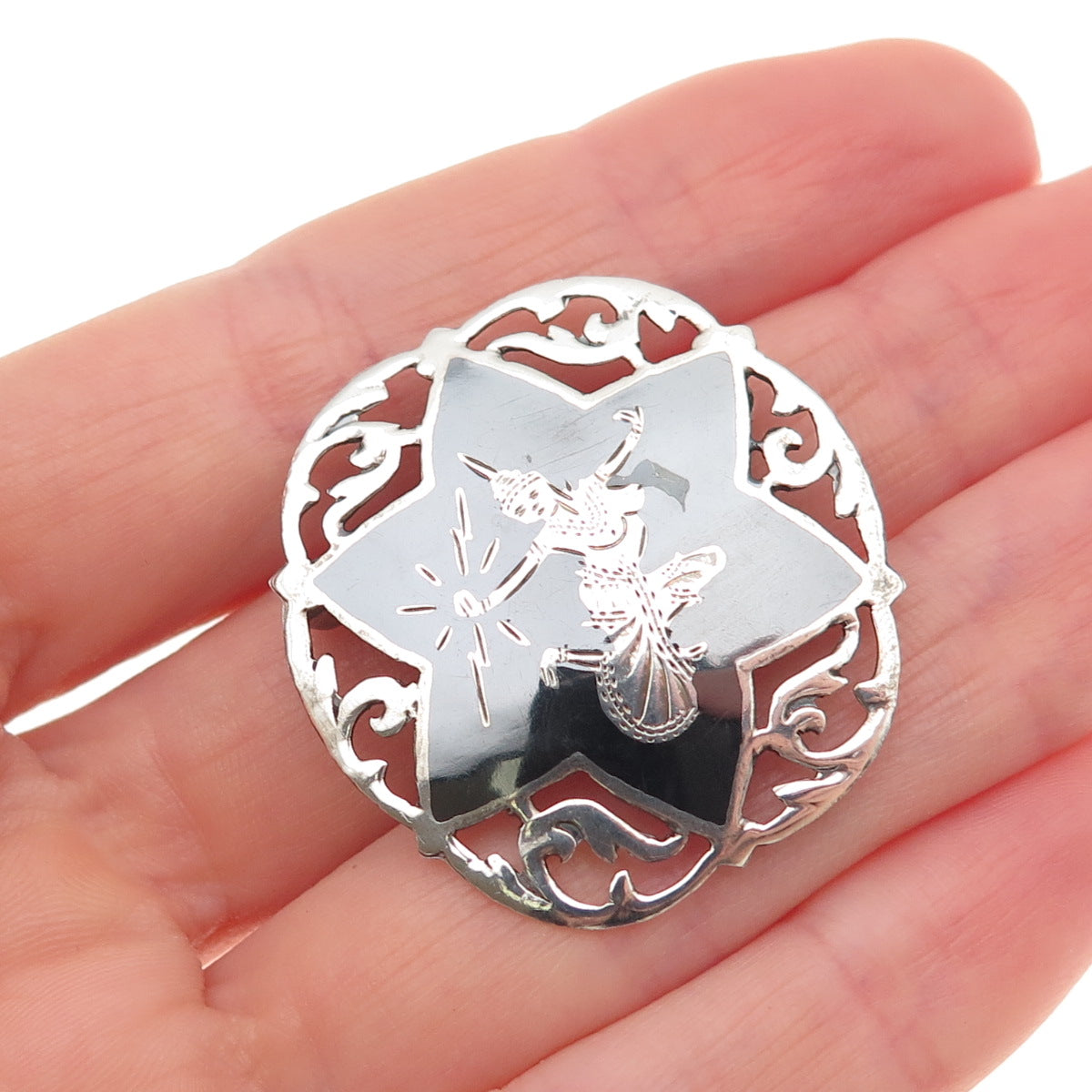 925 Sterling Silver Antique Siam Niello Hindu Goddess Oxidized Pin Brooch