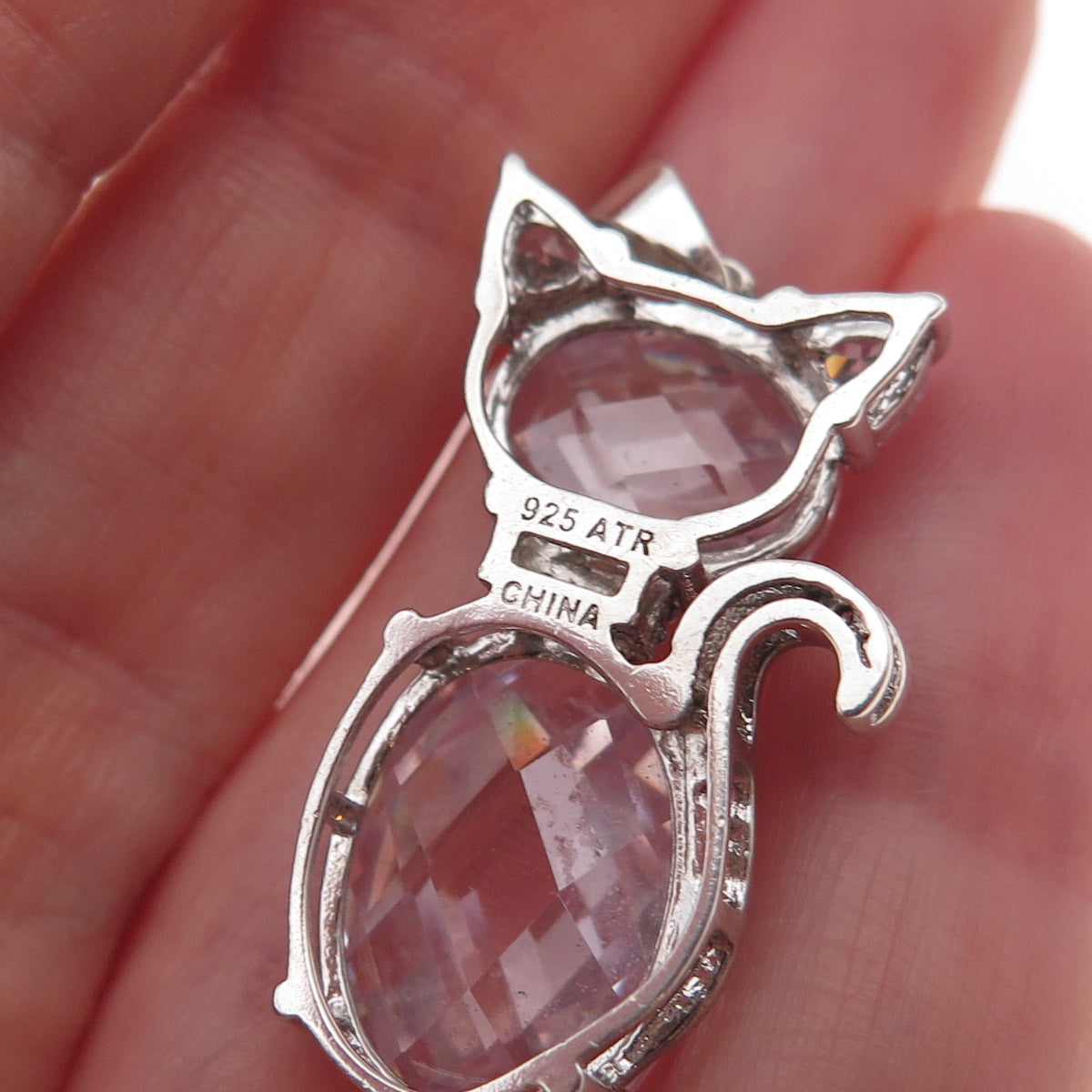 925 Sterling Silver Lavender & White C Z Cat Charm Pendant
