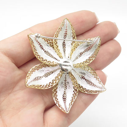 925 Sterling Silver 2-Tone Vintage Filigree Floral Pin Brooch