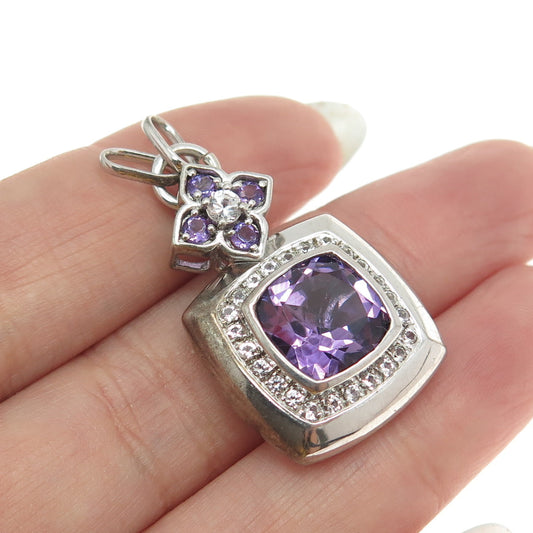 SAI 925 Sterling Silver Vintage Real White Sapphire & Amethyst Gemstone Pendant