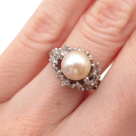 925 Sterling Silver Antique Art Deco Real Akoya Pearl Oxidized Ring Size 5.5
