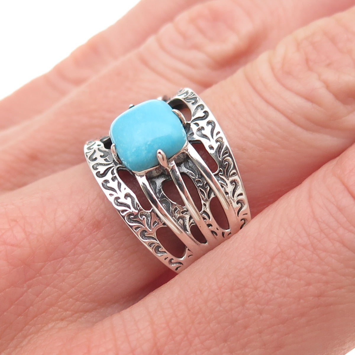 925 Sterling Silver Real Sleeping Beauty Turquoise Floral Oxidized Ring Size 8