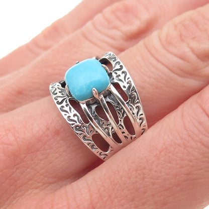925 Sterling Silver Real Sleeping Beauty Turquoise Floral Oxidized Ring Size 8