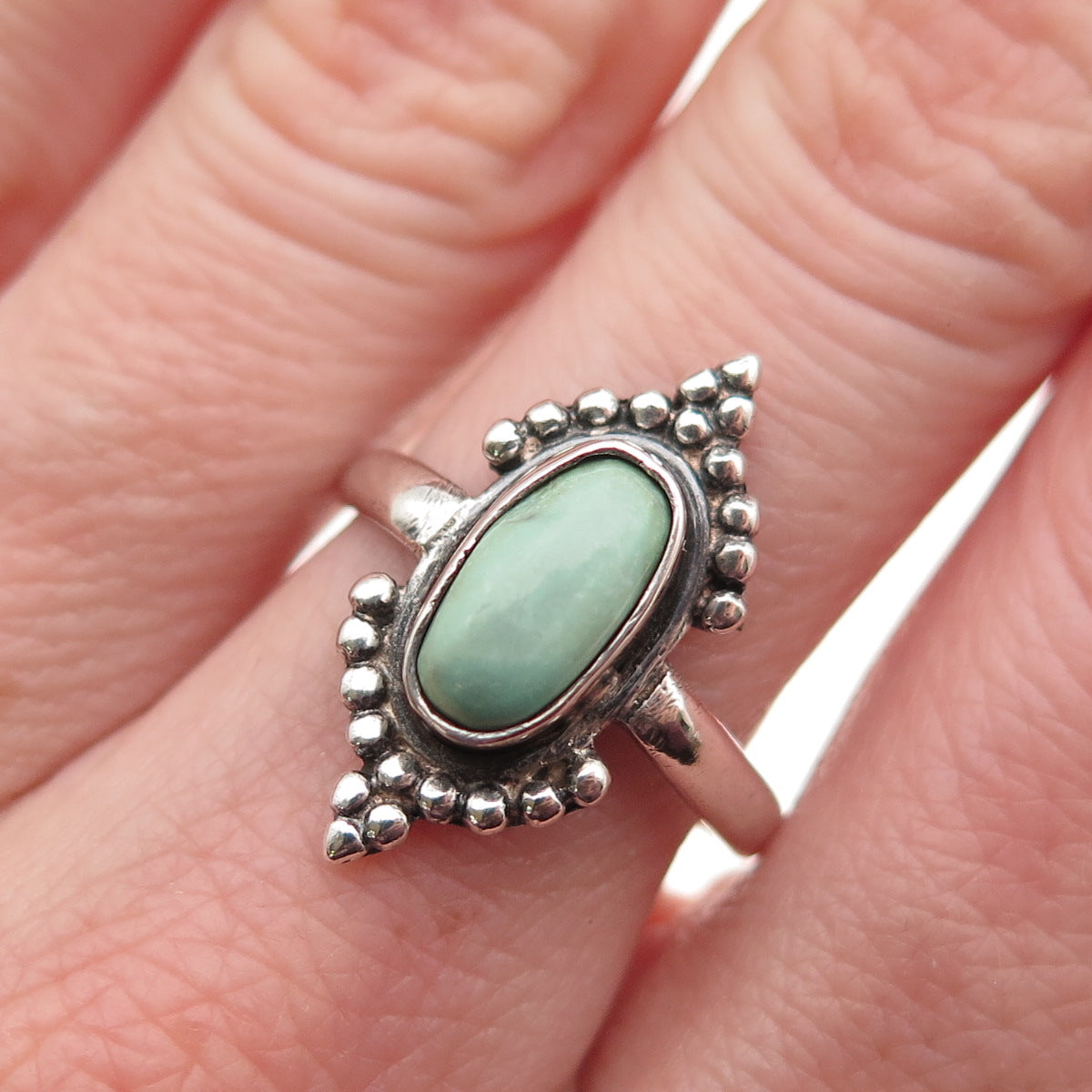 925 Sterling Silver Vintage Real Tyrone Turquoise Modernist Beaded Ring Size 7.5