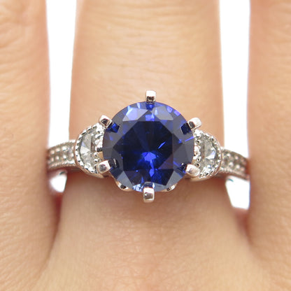 925 Sterling Silver Round-Cut Lab-Created Sapphire & C Z Ring Size 5.25