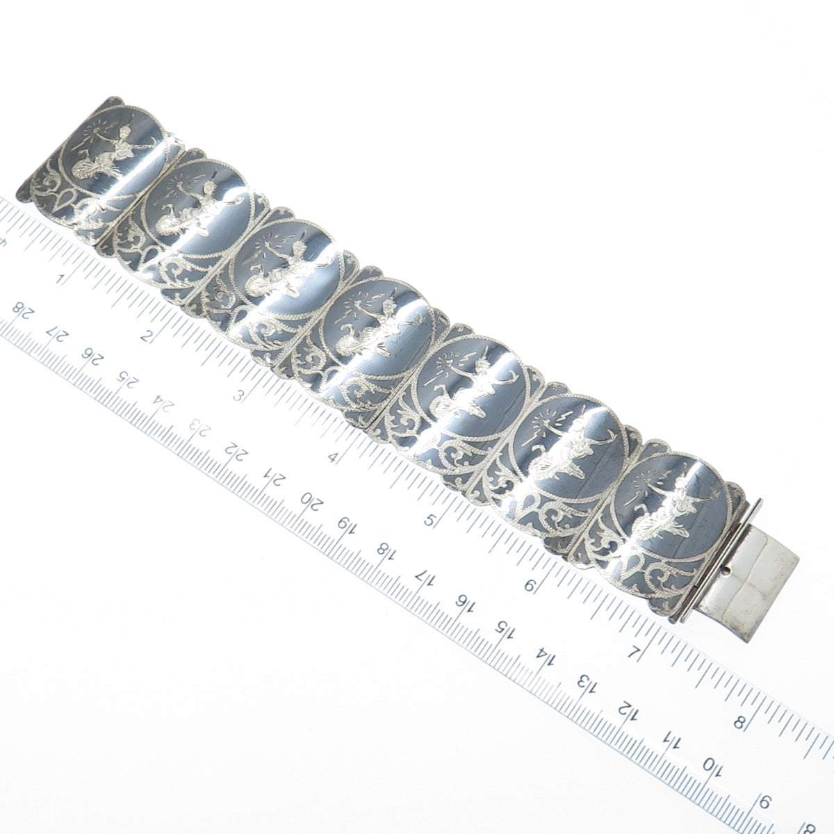 925 Sterling Silver Antique Siam Niello Hindu Goddess Panel Link Bracelet 7.25"