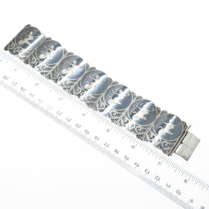 925 Sterling Silver Antique Siam Niello Hindu Goddess Panel Link Bracelet 7.25"