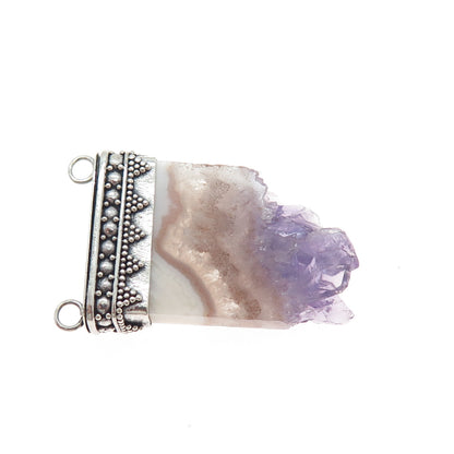 925 Sterling Silver Vintage Amethyst Agate Oxidized Slide Centerpiece Pendant