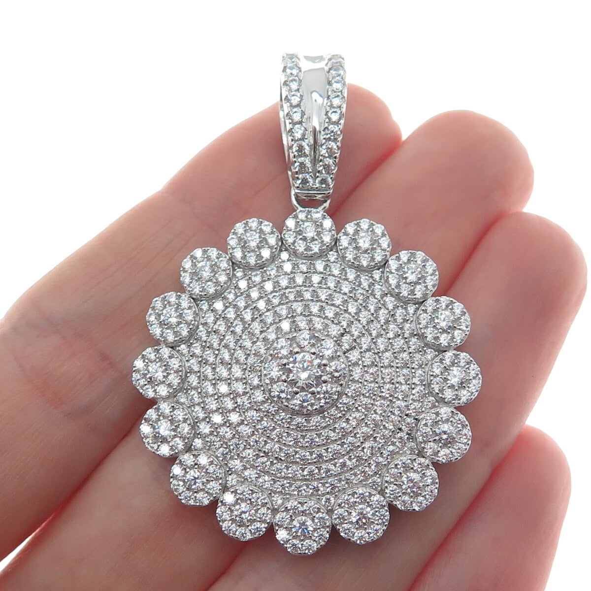 925 Sterling Silver Round-Cut C Z Floral Sparkle Pendant