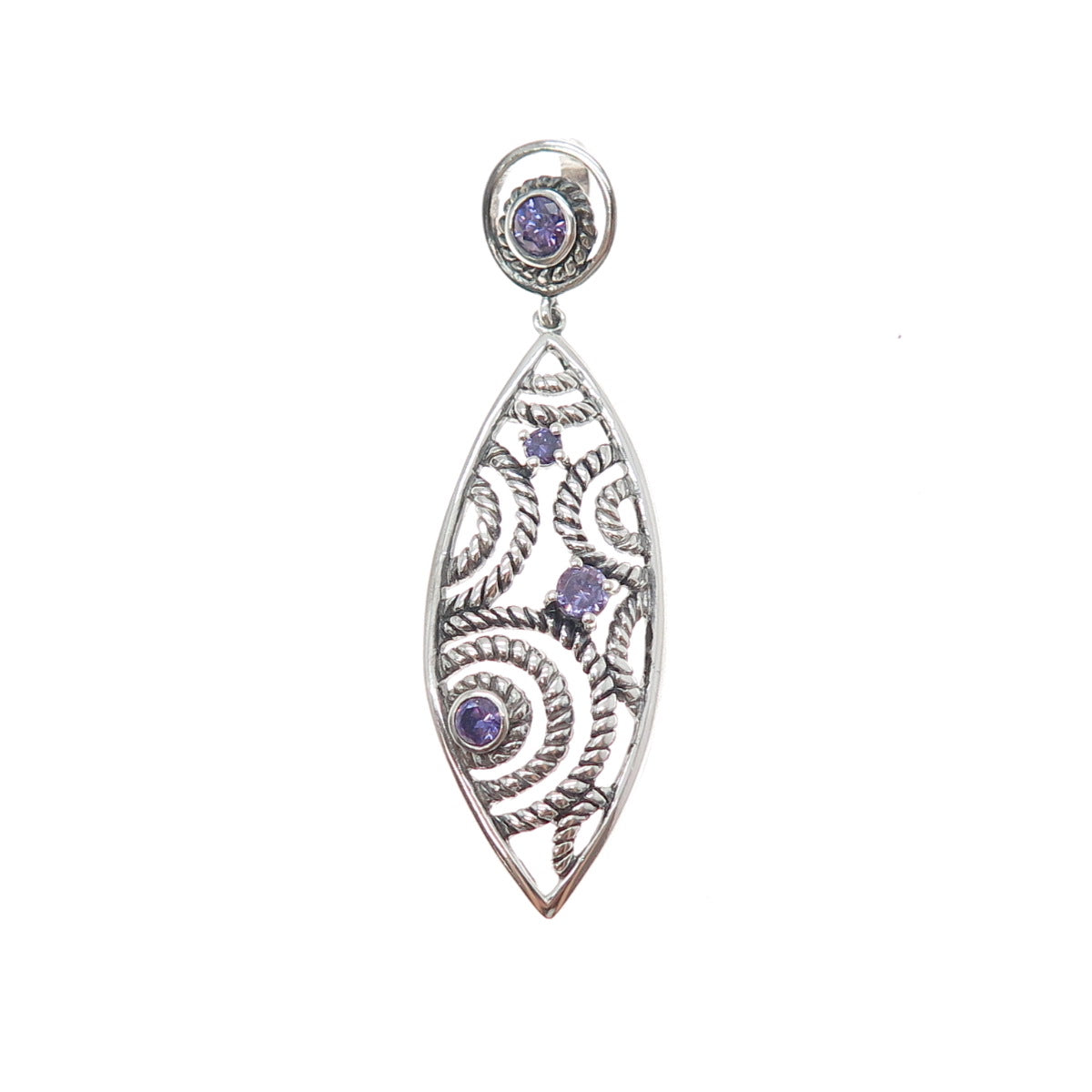 925 Sterling Silver Vintage Real Amethyst Ornate Oxidized Pendant