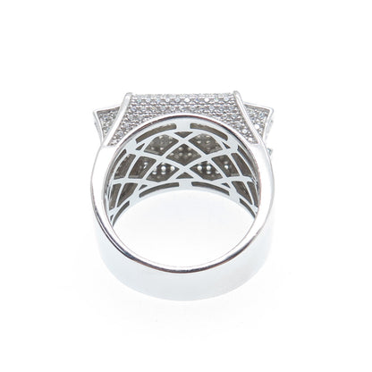 925 Sterling Silver Round-Cut Shaped C Z Signet Wide Ring Size 11.25