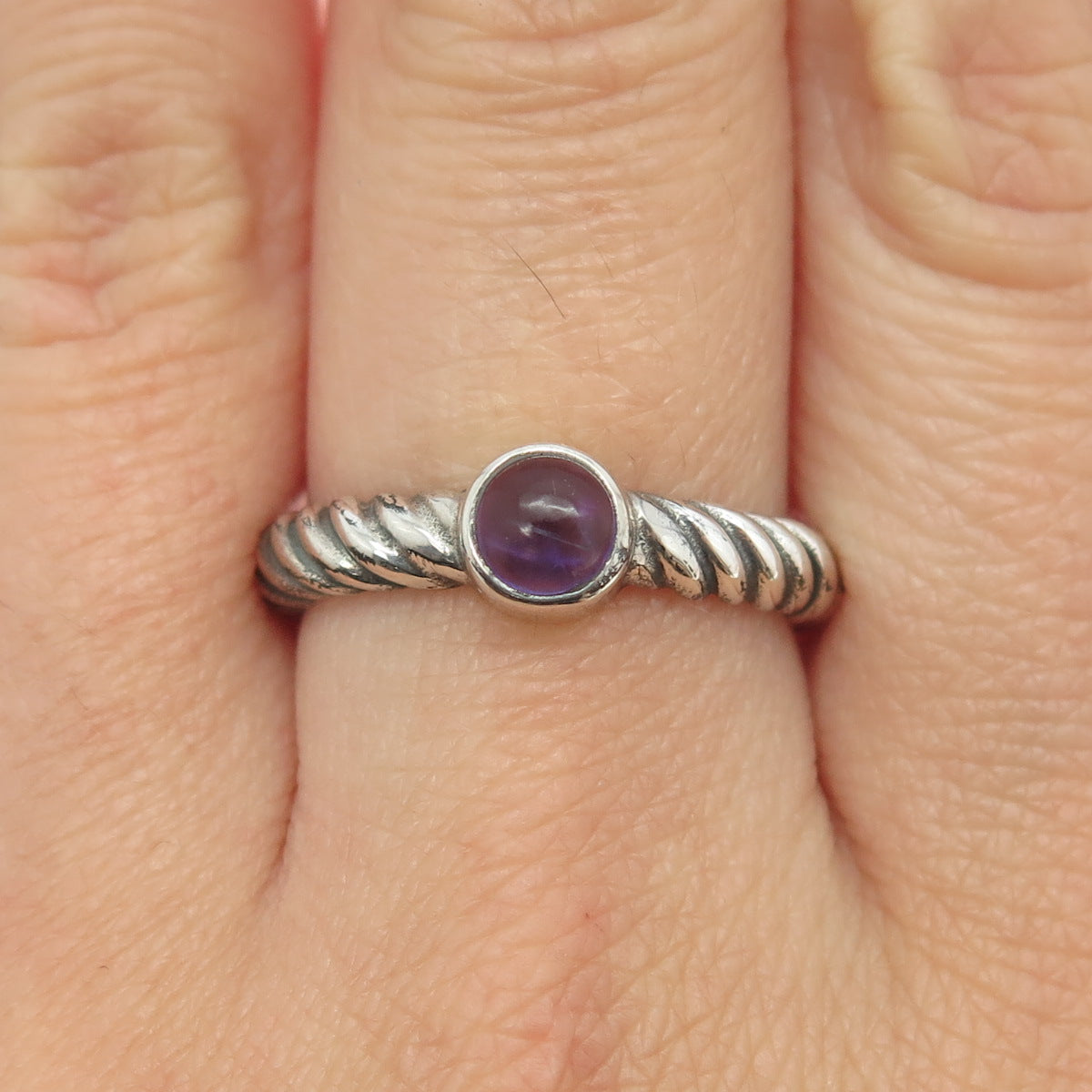 925 Sterling Silver Vintage Real Amethyst Twisted Rope Ring Size 8.75