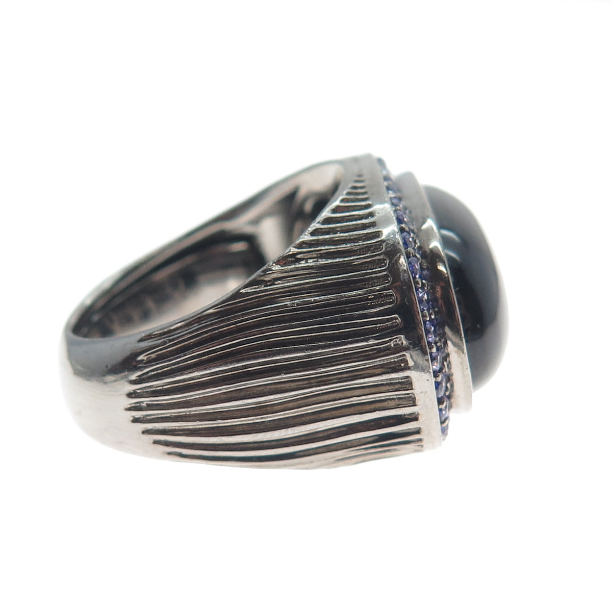 ARZY Sterling Silver Black Rhodium Vintage Real Black Onyx & C Z Ring Size 7.75