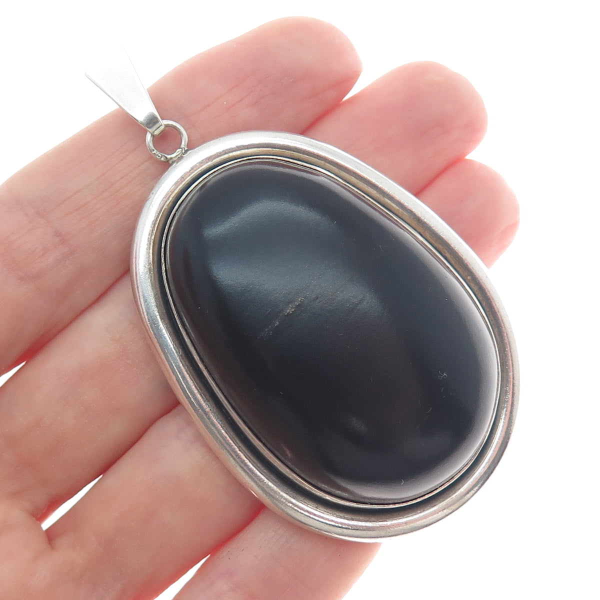 925 Sterling Silver Vintage Poland Black Bakelite Gemstone Large Pendant