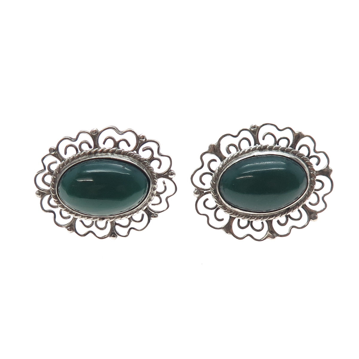 925 Sterling Silver Vintage Mexico Real Green Onyx Filigree Screw Back Earrings